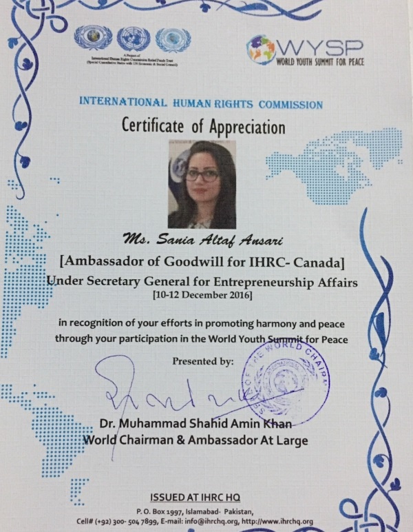WYSP Certificate Sania Ansari