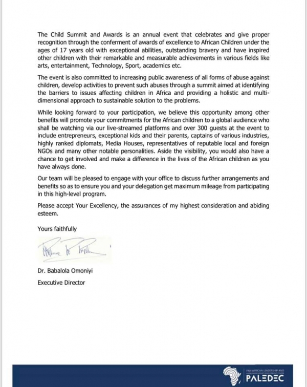 Official Invitation letter from the Child Summit & Awards Ghana