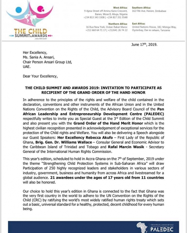 Official Invitation letter from the Child Summit & Awards Ghana